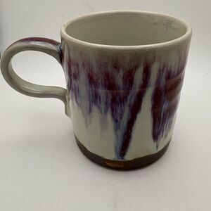 Studio Art Pottery Handmade Drip Glaze Ceramic Mug Purple Plum Light Blue Signed